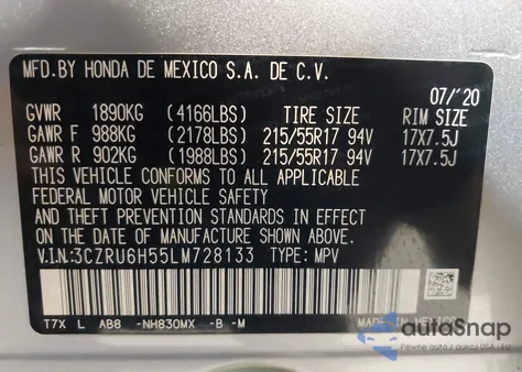 2020 Honda Hr-V Awd Ex из США, поврежденный, VIN 3CZRU6H55LM728133